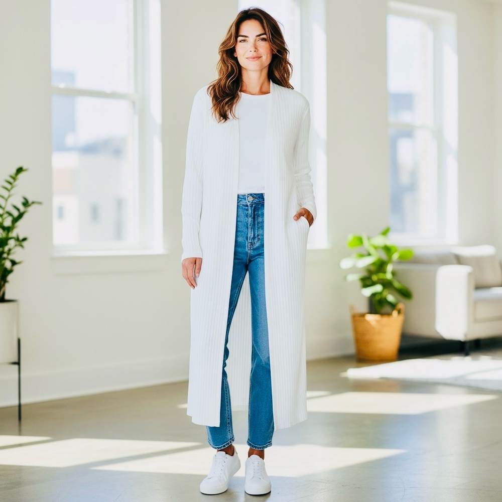 Elegant White Women's Long Cardigan